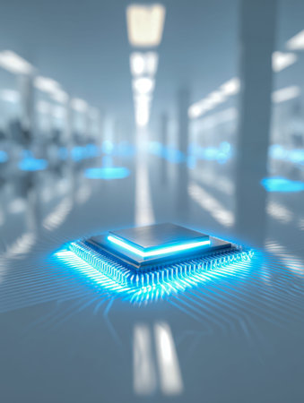 A sleek, neon-lit circuit component rests on a mirrored surface, radiating vibrant blue hues that...