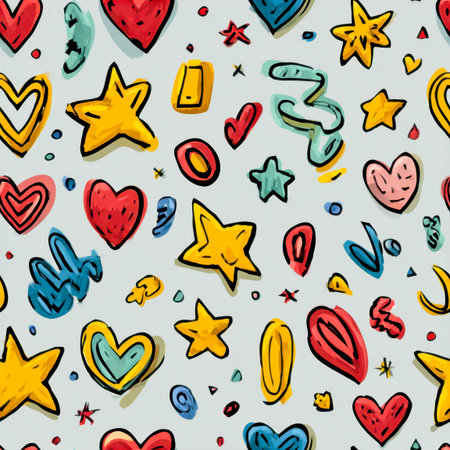 Bright, whimsical sketches of stars, hearts, and freeform dance designs across a soft backdrop, creating a lively and joyful visual perfect for cheerful projects.の写真素材