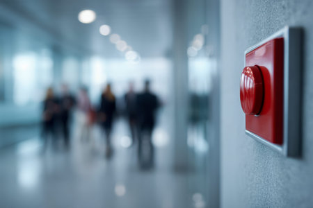A bold red safety switch stands out against an office wall, while a bustling corridor of...