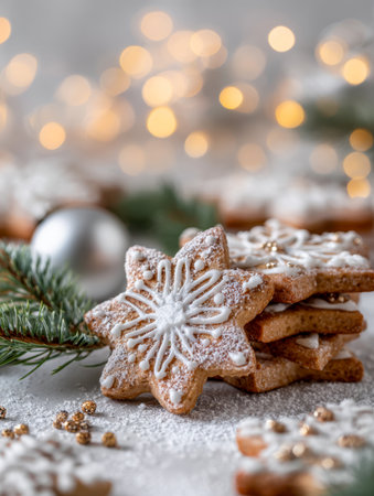 Delicately decorated holiday treats with detailed white icing form star shapes, accented by gentle dustings of powdered sugar, all nestled among lush pine sprigs andの写真素材