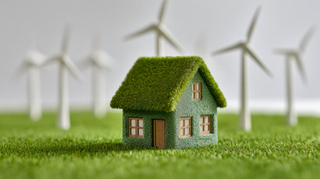 A cozy miniature home set in lush greenery, with towering turbines in the distance symbolizing harmony between eco-conscious design and renewable energy.の写真素材