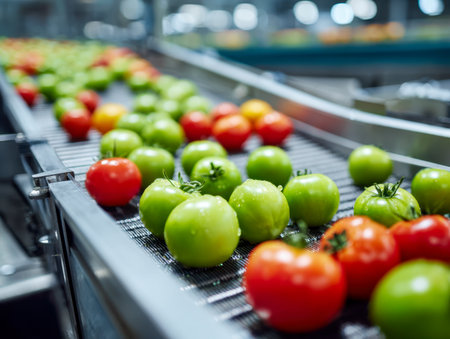 Freshly harvested tomatoes in shades of green and ripe red glide swiftly on a sleek conveyor system within a contemporary processing plant, illuminated by vibrant liの写真素材