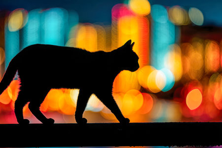 A sleek feline moves quietly through a glowing urban landscape, its shadowed form contrasting with the vivid, swirling lights that illuminate the night.の写真素材