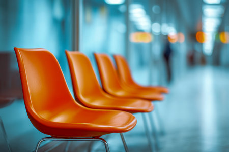 A sleek lineup of eye-catching orange seats creates a lively focal point in a contemporary lounge, with soft lighting and blurred visitors enhancing the inviting atmの写真素材
