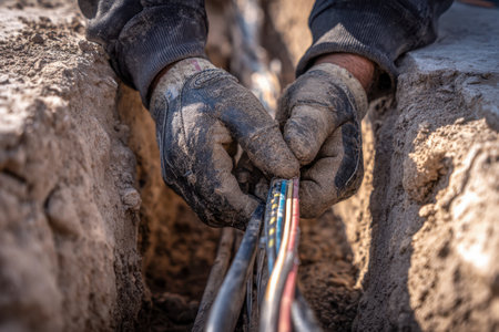 A construction worker, equipped with safety gloves, meticulously threads electrical wiring through a confined trench amid loose, dusty earth.の写真素材