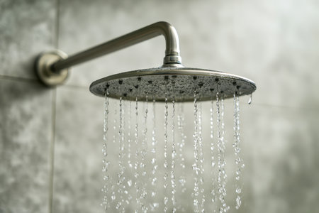 A sleek, contemporary shower fixture showers gentle streams over glossy tiles, illuminated by warm lighting, creating a calming and modern bathroom ambiance.の写真素材