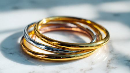A refined collection of shimmering bangles in warm metallic hues rests on a smooth marble surface, with gentle daylight casting delicate reflections and shadows.の写真素材