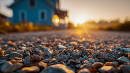 The scene captures a tranquil suburban setting as the evening sun casts a soft, amber glow over a...
