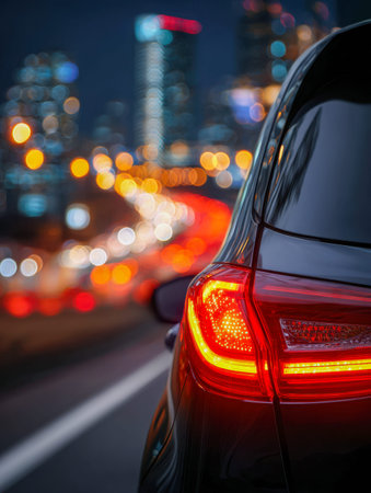 A sleek black vehicle's luminous rear glow contrasts against a vibrant cityscape, as multicolored...