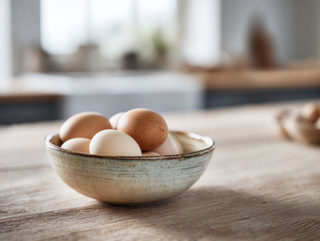 A handcrafted ceramic bowl brimming with fresh eggs in warm brown and crisp white hues, placed on a wooden surface amid gentle kitchen lighting and cozy ambiance.の写真素材