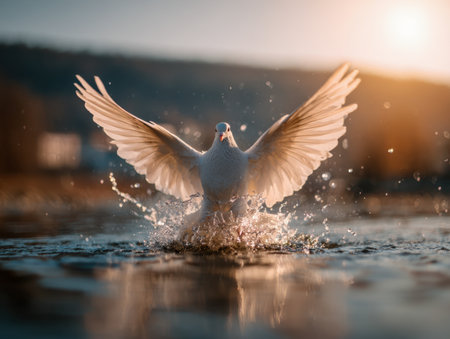 A majestic white bird erupts in a dramatic display of wings, sending shimmering droplets over a tranquil lake as the setting sun bathes the scene in golden warmth.の写真素材