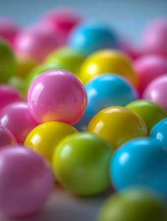 Joyful bursts of pink, blue, yellow, and green glossy balls form a lively, vibrant backdrop, with a...