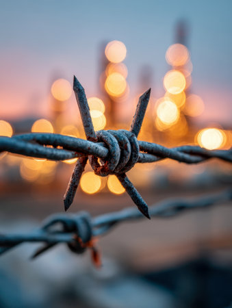 A detailed shot of weathered, rust-covered barbed wire contrasted against a softly illuminated backdrop of amber-hued factory lights at twilight.の写真素材