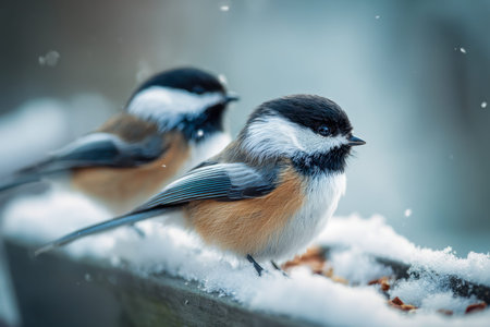 Two tiny birds rest gently on a frosty wooden perch, illuminated by gentle winter sunlight as...