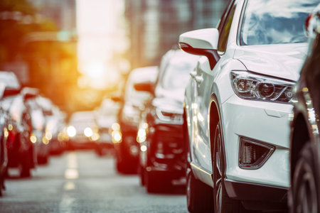 A sleek white sedan navigates through congested city streets bathed in golden sunlight, surrounded by motion-blurred vehicles symbolizing the daily urban hustle.の写真素材