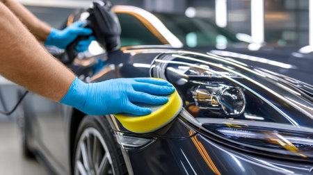 A technician in vibrant blue gloves meticulously buffs a sleek black vehicle?s surface, using a...
