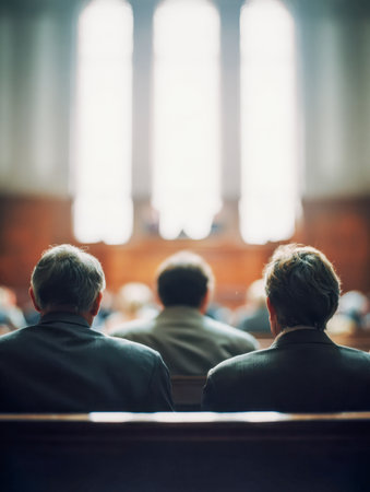 Several men sit quietly on aged wooden benches, absorbed in a service inside a luminous, airy sanctuary with towering, curved windows that gently light the scene.の写真素材