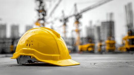 A vibrant yellow helmet rests atop a raw concrete surface, with a busy construction environment and towering cranes softly blurred behind, representing safety commitの写真素材