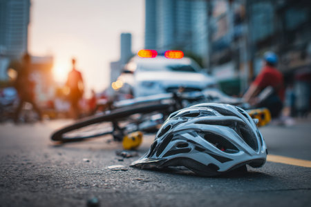 A fallen bike and a protective helmet rest on the pavement as urgent emergency lights flicker, set against a hazy cityscape at dusk, capturing a moment of crisis.の写真素材