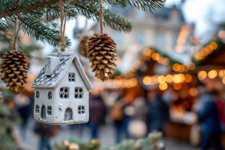 A charming miniature house dangles alongside shiny gold pine cones from a tree branch, illuminated by twinkling market lights amid a lively, festive crowd scene.の写真素材