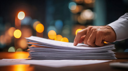 An individual examines numerous papers at dusk, illuminated by the glow of distant city skyline lights, capturing a late-night diligent work atmosphere.の写真素材