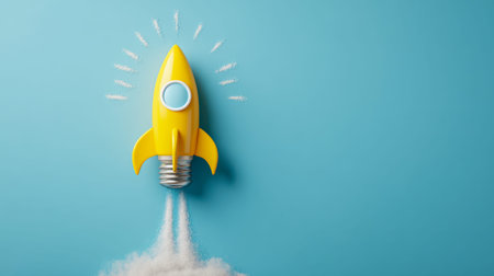 A vibrant yellow light bulb resembling a rocket soars upward, exuding dynamic energy and imagination...