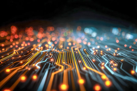 A sleek, high-tech matrix radiates soft neon light in a dark environment, with intricate pathways and vibrant bokeh effects illustrating innovation and seamless digiの写真素材