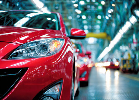 Vibrant crimson vehicles glide along an advanced manufacturing line, illuminated by precise lighting...