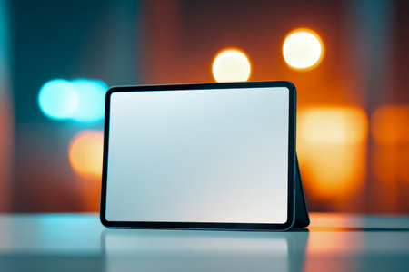 A sleek, unused tablet with a foldable cover rests on a shiny surface, reflecting vibrant city nightlife hues blending warm and cool tones in the background.の写真素材