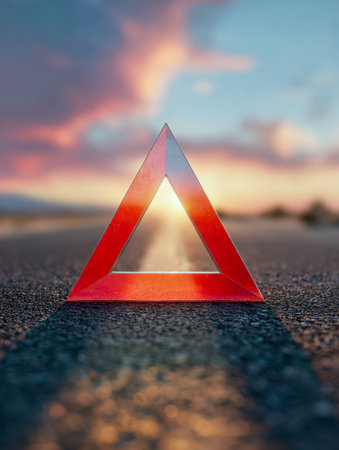 A striking red triangle rests on a tranquil roadway, kissed by sunset hues. Gentle clouds and a mirrored sky craft a calm, mesmerizing atmosphere.の写真素材