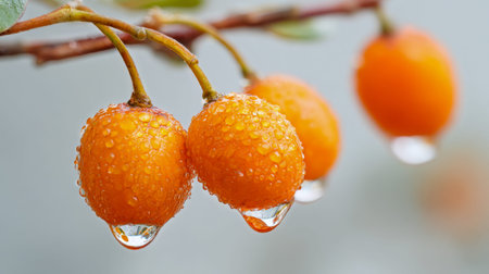 Bright orange berries glisten with morning dew, swaying gently on a slender branch amidst lush...