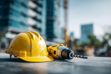 Bright sunlight highlights a yellow safety helmet and a cordless drill with bit, set on a rough surface amid distant cityscape scenery.の写真素材