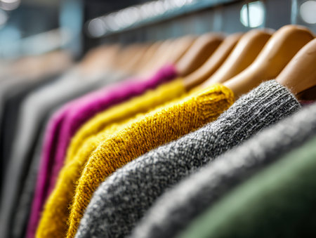 Vibrant winter knits arranged on rustic wooden hangers, creating a warm, inviting display perfect for autumn layering or cozy holiday styles.の写真素材