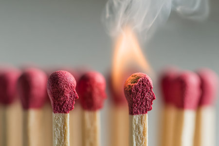 A collection of matchsticks with red, human-like heads, highlighting one blazing fiercely amid a soft-focused backdrop, symbolizing individuality and ignition dreamsの写真素材