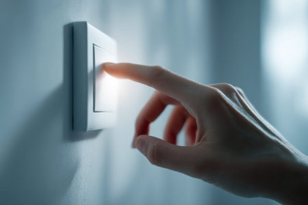 A fingertip presses a sleek white switch, casting a gentle blue glow across a cozy interior,...