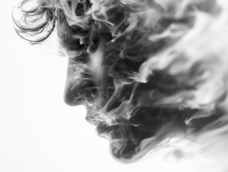 A contemplative man gazes into the distance, shrouded in dynamic smoke waves that craft a surreal, luminous environment with striking chiaroscuro effects.の写真素材