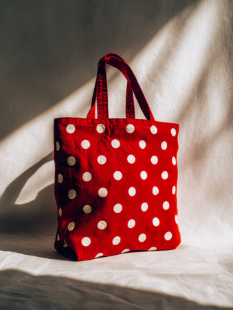 A lively red tote with playful white spots rests against a subtle, neutral backdrop, ideal for daily errands and relaxed outings with a cheerful touch.の写真素材