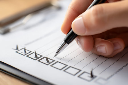 A focused individual reviews a to-do list on a clipboard, crossing off tasks amid a well-lit,...