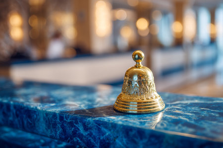 A refined golden bell rests on a glossy blue marble surface, illuminated by gentle warm light, evoking a welcoming atmosphere at an upscale hotel check-in.の写真素材
