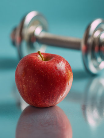 Juicy, dew-covered apple rests beside a sleek metallic weight, illustrating the harmony between nourishing choices and physical well-being for optimal health.の写真素材