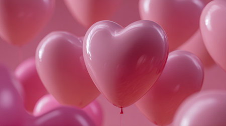 A cluster of shiny pink heart-shaped balloons gently rises, filling the scene with a tender glow ideal for romantic gatherings and special occasions.の写真素材