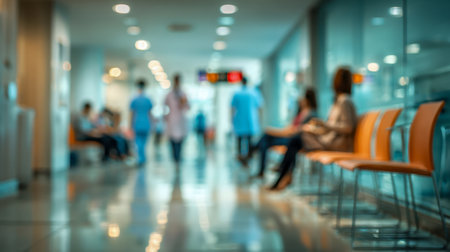 A softly focused scene captures a bright hospital passageway where individuals rest on chairs as staff members move through, with shimmering reflections on the polisの写真素材