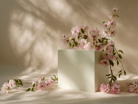 Gentle pink blooms gently drape over a sleek, understated pale geometric form, with subtle shadows enhancing the calm and refined ambiance of the arrangement.の写真素材