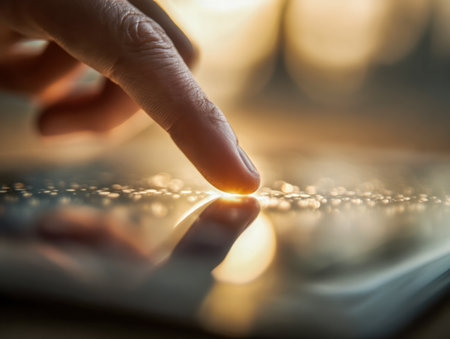 A fingertip gently taps a sleek display illuminated by soft, amber hues, with a hazy backdrop evoking a cozy yet cutting-edge digital environment.の写真素材