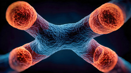 A vivid digital rendering of a nanoscale entity featuring a textured azure core with luminous reddish-orange swellings, highlighting intricate cellular architecture.の写真素材