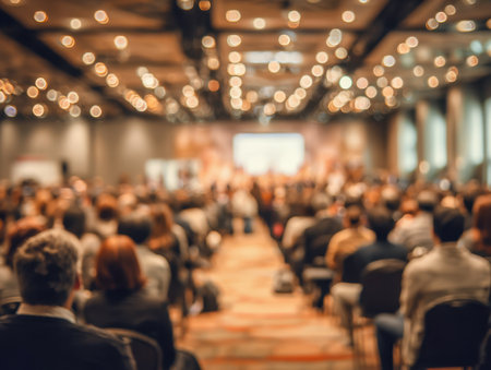 An expansive, inviting venue filled with numerous attendees sitting attentively, bathed in soft, warm light, creating an inspiring atmosphere for knowledge sharing.の写真素材