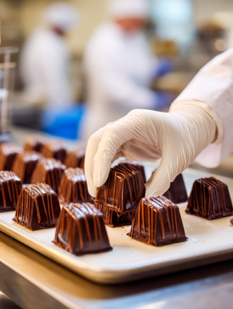 A gloved hand delicately selects artisanal chocolates from a tray, set against a modern, softly blurred culinary workspace emphasizing craftsmanship and hygiene.の写真素材