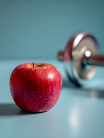 A vibrant red apple stands prominently on a soft pastel blue surface, while a gleaming metal weight...