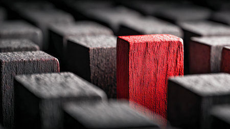 A bold crimson wooden piece rises amid a sea of shadow, rugged blocks, symbolizing distinctive creativity and the power of standing apart.の写真素材