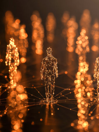 Futuristic digital silhouettes linked by luminous pathways depicting seamless global connectivity, emphasizing innovation and real-time interactions in a virtual realm.の写真素材